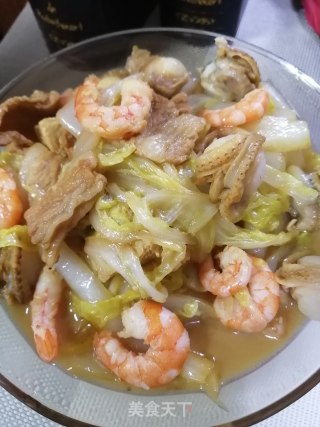 扇贝虾仁五花肉烧白菜冻豆腐的做法步骤：10